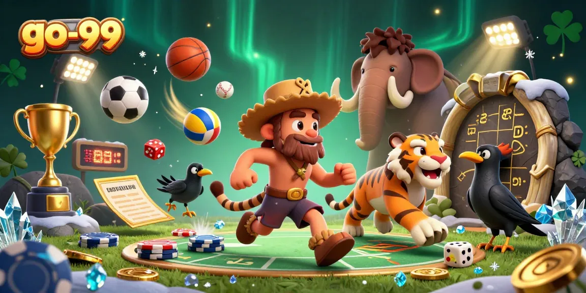 Experience top gambling fun at go-99 with a dynamic scene of 3D caveman characters and casino elements.