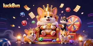 Experience the excitement at luck8vn with a vibrant corgi-led casino scene filled with dynamic lottery and gaming elements.