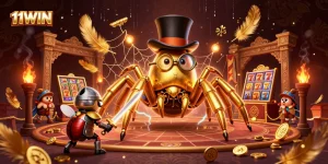 Experience 11WIN's thrilling gaming atmosphere with a 3D illustration depicting a dynamic casino scene.