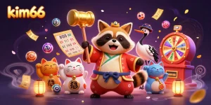 Experience the excitement of kim66 with a vibrant casino-themed illustration featuring lucky symbols and engaging characters.