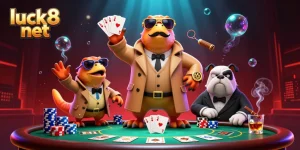 Experience luck8 net with three raptors in a trench coat entering a stunning VIP casino lounge scene