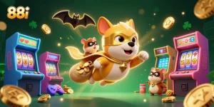 Win big at 88i casino with a colorful superhero dog and gold coins in a vibrant gaming scene.