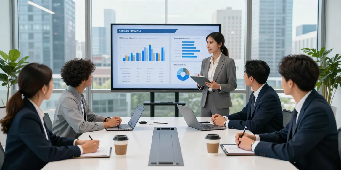 Collaboration in a venture capital project finance program meeting, showcasing a diverse team discussing metrics with modern technology.