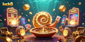 Spin to win with luck8 in an ultra-detailed casino celebration scene filled with vibrant games.