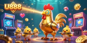 Experience the excitement of U888 with a lively 3D illustration showcasing a golden rooster robot and gambling elements.