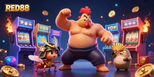 Experience RED88's vibrant casino scene with a powerful sumo rooster, fierce cricket, and colorful gaming elements.