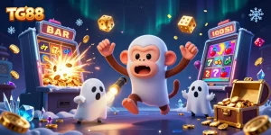 Engage with TG88 in this vibrant casino scene featuring a playful poltergeist monkey juggling gold.