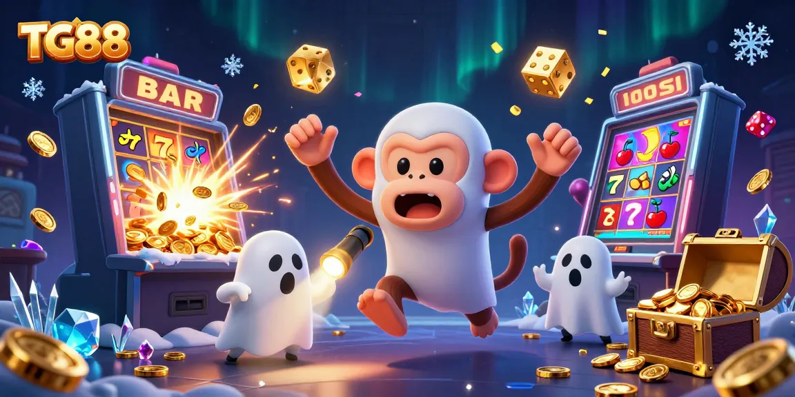 Engage with TG88 in this vibrant casino scene featuring a playful poltergeist monkey juggling gold.