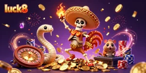 Experience excitement with luck8 as a mariachi rooster celebrates winning in a vibrant casino.