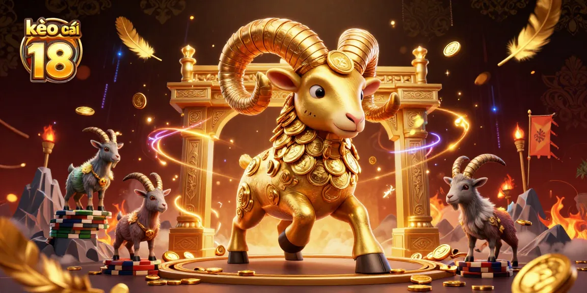 Experience thrilling sports betting with kèo nhà cái 18 amidst a vibrant casino atmosphere featuring golden ram and goats.