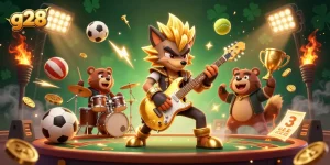 Experience the excitement of g28 as a rock star wolf plays at a vibrant casino stage with dynamic gaming elements.