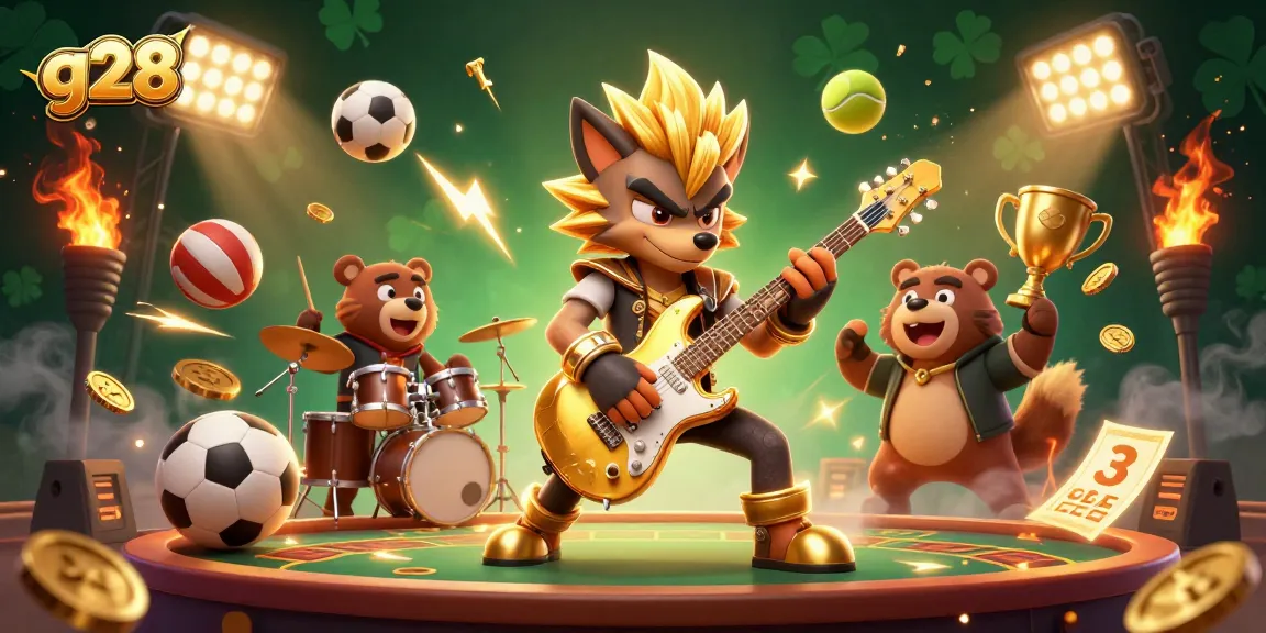 Experience the excitement of g28 as a rock star wolf plays at a vibrant casino stage with dynamic gaming elements.