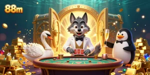 Engage with exciting baccarat action at 88m's vibrant casino scene featuring lavish characters.