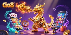Go8 offers an exciting gambling experience with a golden dragon amidst dynamic casino elements.