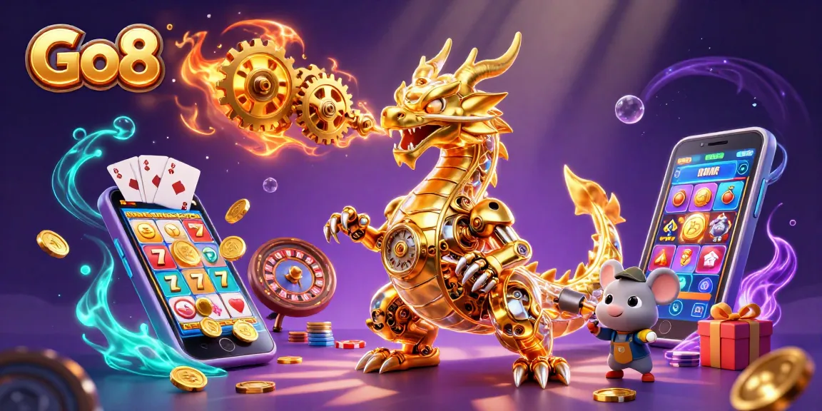 Go8 offers an exciting gambling experience with a golden dragon amidst dynamic casino elements.