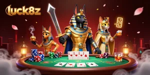 Engage with luck8z at an exciting poker tournament featuring Anubis and Bastet in a rich, vibrant scene.