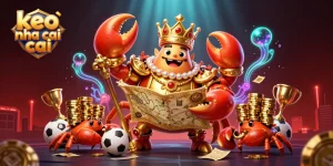 Engage with keo nha cai in a vibrant, captivating scene showcasing a golden crab emperor overseeing thrilling sports betting action.