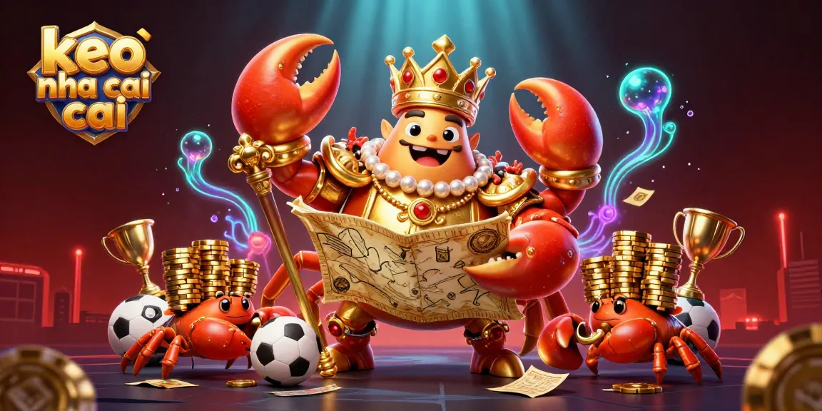 Engage with keo nha cai in a vibrant, captivating scene showcasing a golden crab emperor overseeing thrilling sports betting action.