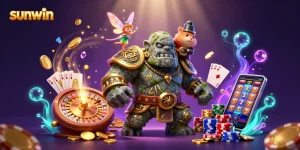 Experience the magic of sunwin with a vibrant 3D casino illustration showcasing animated characters and dazzling game elements.