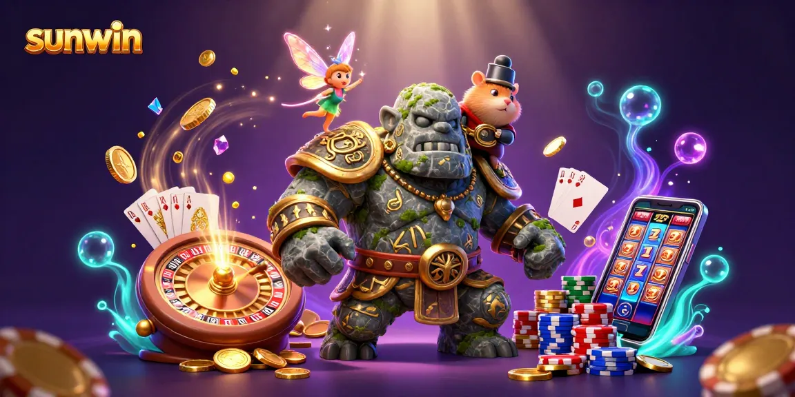 Experience the magic of sunwin with a vibrant 3D casino illustration showcasing animated characters and dazzling game elements.