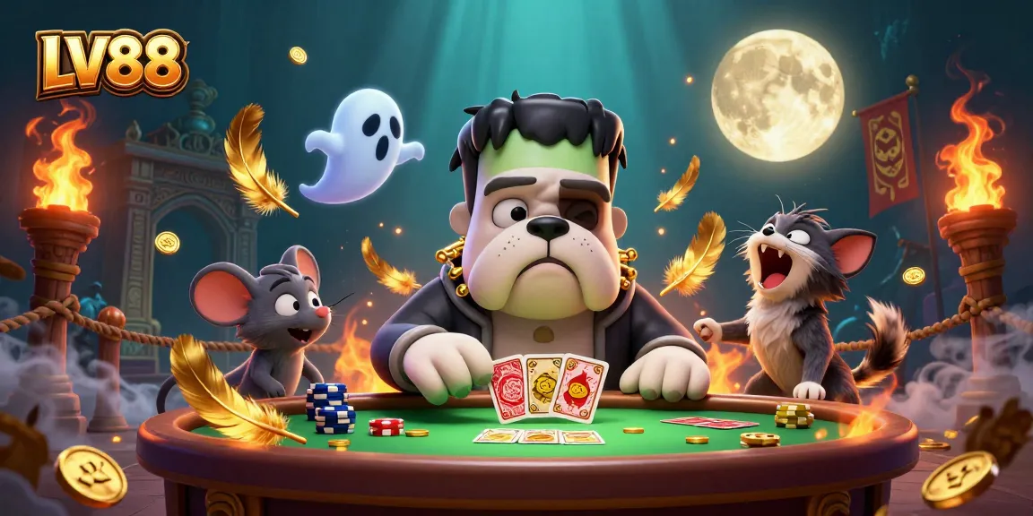Engage with LV88 in a whimsical 3D casino scene featuring a unique bulldog dealer.
